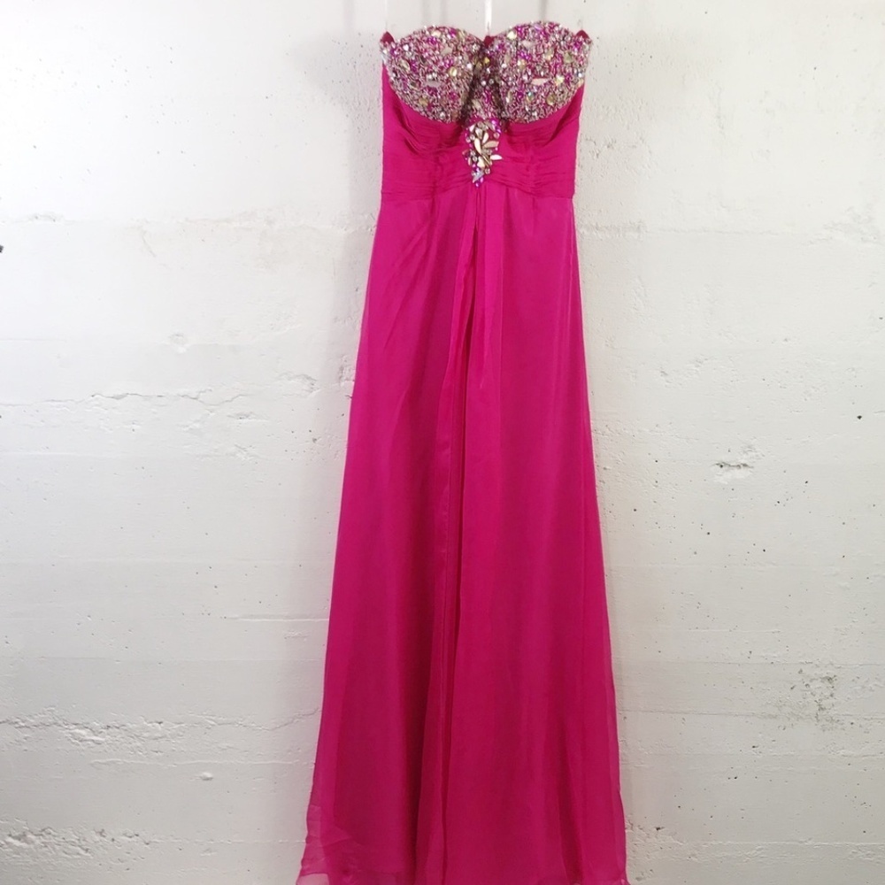 Riva Designs Fuscia Pink Beaded Chiffon Prom Dress
